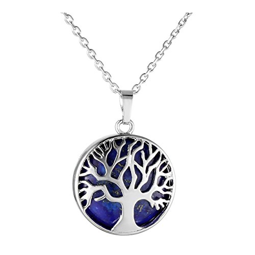Jovivi Pendentif Collier Pierre Lapis Lazuli Retro Arbre de la Vie en Alliage Pierre Precieuse d'Energie Rond Accessoire Argent Cadeau Bijoux