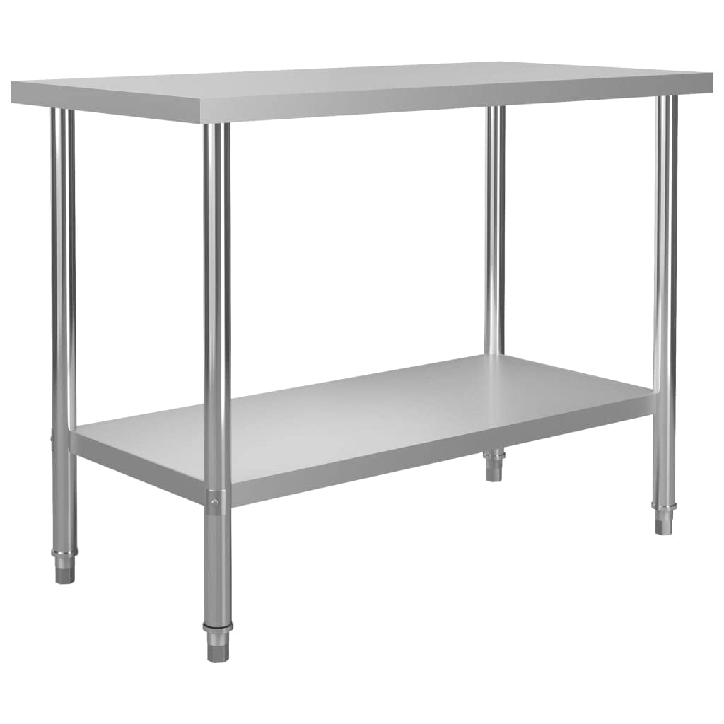 Tavolo da lavoro in acciaio inox con supporto, 120 x 60 x 120 cm, per gastronomia, cucina, ristorante, catering, grande cucina con ripiano e piedini regolabili