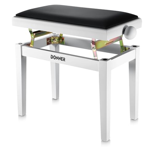 Donner Adjustable Piano Bench-Solid Wood Keyboard Bench Piano Chair Seat with High-Density Sponges Cushion, Wooden Piano Stool with Metal Lifting Devices, White - image 1