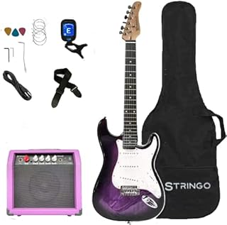 Purple Electric Guitar Beginner Kit Full Size 39 Inch Set Includes Tremolo Guitar, 20W Amplifier 3 Picks, Shoulder Strap, Tuner, Bag Case