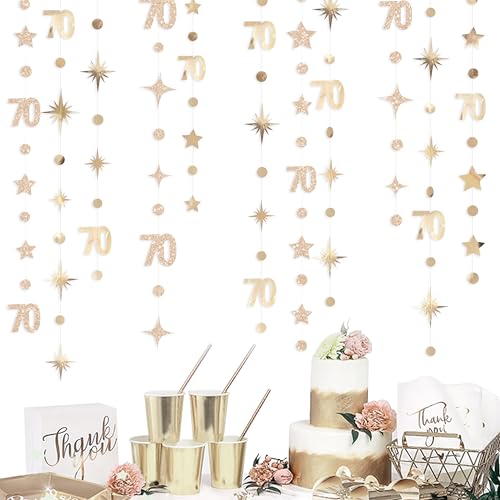Image of Champagne Gold 70th Birthday Decorations Number 70 Circle Dot Star Garland Metallic Streamer Banner for Women Mens Cheers to 70 Years Old Birthday Happy 70th Anniversary Vintage 1955 Party Supplies