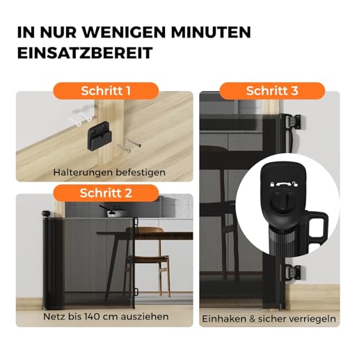 Allyson® Treppenschutzgitter Ausziehbar, Türschutzgitter bis 140 cm Treppengitter für Kinder & Haustiere, Kinderschutzgitter 85 cm Höhe, Haustierschutzgitter Einziehbar, Verstellbar & Stabil – Schwarz
