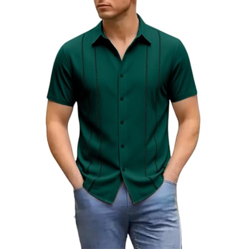 Camisa para hombre de manga corta de verano camisa de lino para hombre, camisa ligera para la playa, camisa informal de corte regular, camisa de bolos Guayabera, camisa de bolos, camisa de punto
