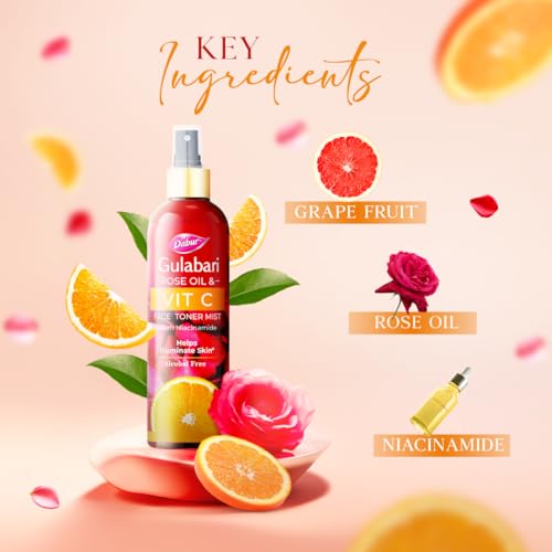 Dabur Gulabari Rose Oil & Vitamin C Face Toner Mist & Rosewater with Niacinamide - 200ml | Toner for brightened skin | Improves Uneven Skin Tone, Tightens Pores | Alcohol free