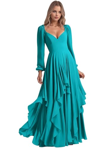 Chiffon Ruffle Bridesmaid Dresses for Women Long Sleeve Evening Gown V Neck Asymmetric Wedding Guest Dress
