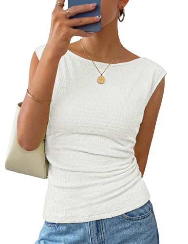 ZESICA Womens Summer Ruched Trendy Tank Top 2026 Cap Sleeve Boat Neck Slim Fit Cute Tops Going Out Tee Shirts Fashion White Medium
