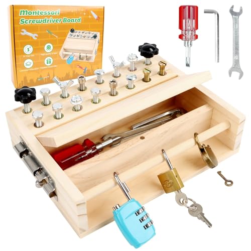 Montessori Spielzeug ab 3 4 5 Jahre, Holzspielzeug Motorikspielzeug mit Schraubendreher, Busy Board mit Schlüssel & Schloss, Lernspielzeug Geschenk für Jungen Mädchen Montessori Spielzeug ab 3 4 5 Jahre, Holzspielzeug Motorikspielzeug mit Schraubendreher, Busy Board mit Schlüssel & Schloss, Lernspielzeug Geschenk für Jungen Mädchen