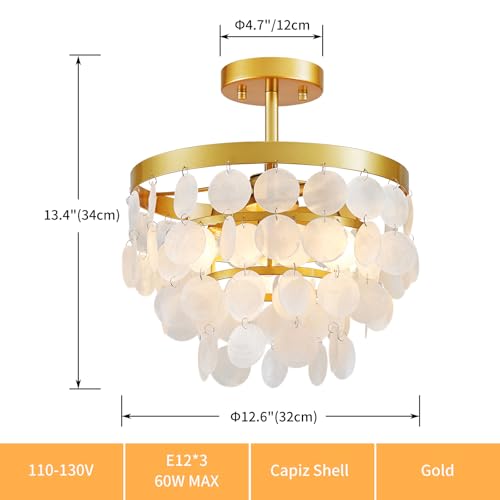 ElegLumi Capiz Shell Ceiling Light, Gold Capiz Shell Chandeliers for Dining Room, Living Room, Bedroom, Hallway, D12.6'' × H13.4'', 3 * E12 Sockets, Gold Finish Frame & White Shell - Image 2
