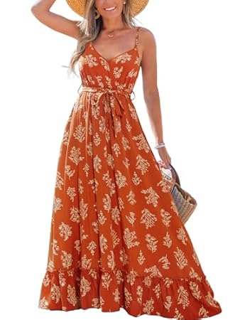 CUPSHE Damen Sommerkleid Boho V-Ausschnitt Ärmellos Maxikleid Spaghettiträger Freizeitkleid Rüschensaum Strandkleid mit Gürtel