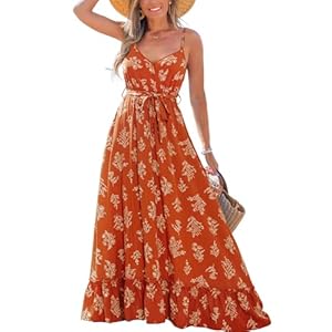 CUPSHE Damen Sommerkleid Boho V-Ausschnitt Ärmellos Maxikleid Spaghettiträger Freizeitkleid Rüschensaum Strandkleid mit Gürtel