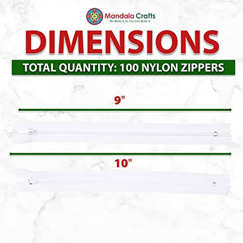 Image of Mandala Crafts 100 PCs White Closed-End 9 Inch Nylon Zippers for Sewing