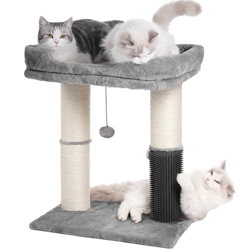 Pawfessor Cat Tree Tower for Large Cats Cat Scratching Post with 20x15.7Wide Top Bed Self Groomer Thick Scratch Post [Dia=4.5] and Danging Ball Great for Indoor Cats-Large Grey