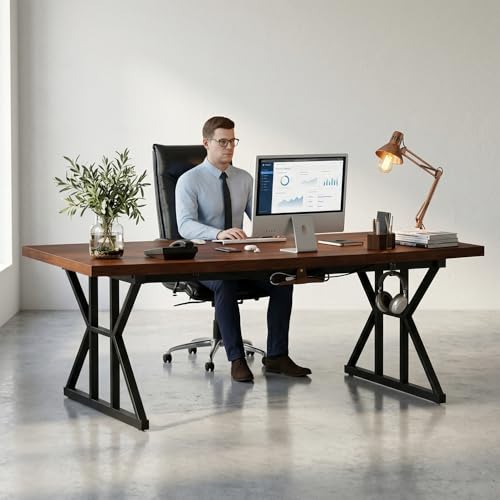 Image of Executive Computer Work Desk | Wooden Office Table for Home, Office, Workstation, Study | Strong Metal Frame Computer Table (Rustic Brown)