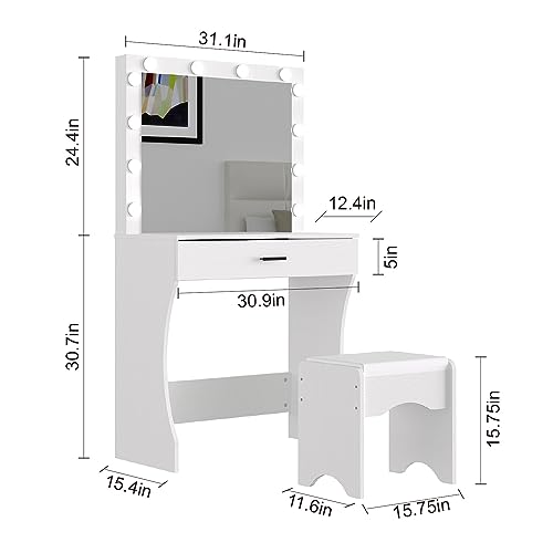 Image of Vanity Desk with Mirror and Adjustable Lights, One Drawer Storage Makeup Table with Stool - Vanity Set for Bedroom (White)