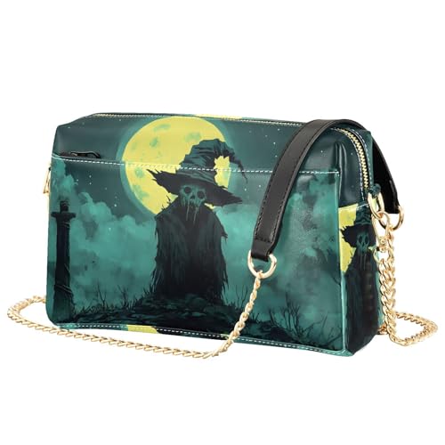Women Crossbody Bag Shoulder Handbag Cellphone Purse PU Leather Metal Chain Strap Water Resistant Zipper Closure Halloween Grave Print2