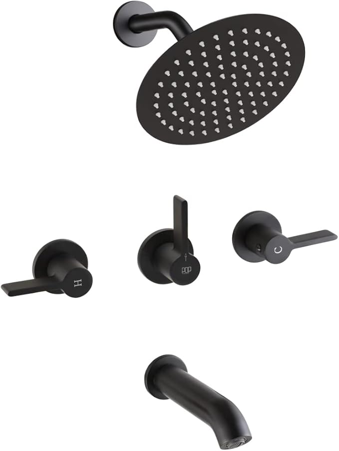 Matte Black 3 Handle Shower Faucet Set with Tub Spout, Tub