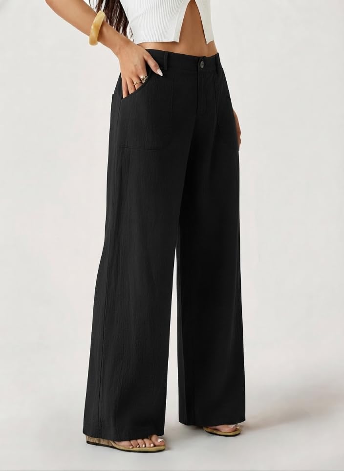 Image of GRECIILOOKS Beige Wide Leg Linen Trousers for Women | High Waist Cotton Baggy Korean Style Casual Pants | Comfortable Formal & Casual Women Trousers