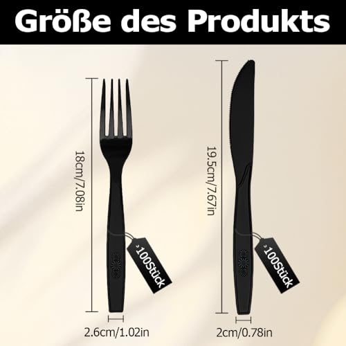 Plastikbesteck, 200 Stück Plastikbesteck Set, 100 Plastikmesser 100 Plastikgabeln party Besteck Wiederverwendbar für Familie Partys Geburtstagsfeiern Hochzeiten schwarz