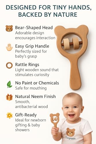 Image of Shark Doo Doo Neem Wood Baby Teether Combo of 3 Rattle | Organic & Handcrafted | Chemical-Free, Paint-Free, Antibacterial Teething Toy for Babies