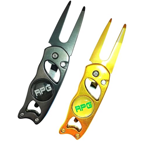 RPG Stainless Steel Switchblade Golf Divot Repair Tool with Ball Marker and Belt Clip-(Gunmetal and Gold) Attach to Golf Belt, Golf Shirt, Golf Pants, Golf Shorts, or Carry in Pocket with Golf tees