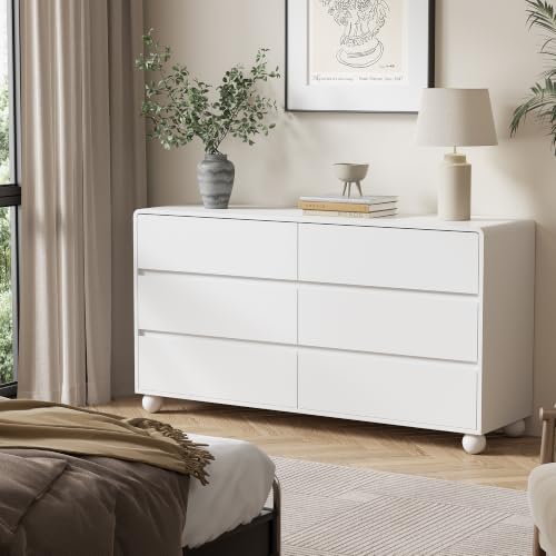 Image of Furniway Modern 6 Drawer Dresser for Bedroom, White Dresser with Curved Profile Design, Minimalist Wood Chest of Drawers for Bedroom, Living Room, Hallway Entryway