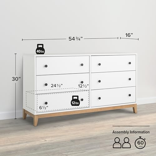 Image of Prepac Nordik Dresser, White & Oak Dresser for Bedroom, Chest of Drawers with 6 Drawers, 16 inch D x 54.75 inch W x 30 inch H, WODBR-2206-1