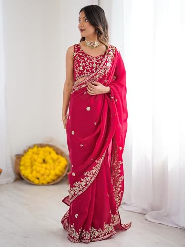 Image of Satrani Women's Tissue Silk Scalloped Border Sequins Embroidery Saree with Unstitched Blouse Piece