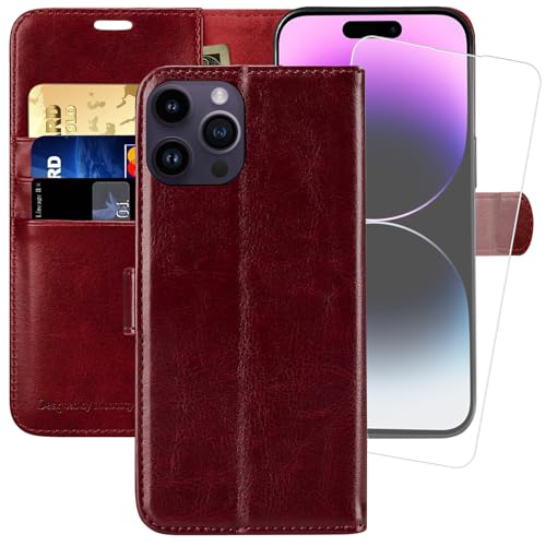 MONASAY Wallet Case Compatible for iPhone 14 Pro Max 5G, 6.7-inch, [Glass Screen Protector Included] [RFID Blocking] Flip Folio Leather Cell Phone Cover with Credit Card Holder, Burgundy