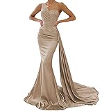 XYAYE One Shoulder Champagne Bridesmaid Dresses with Tail Mermaid Satin Long Formal Prom Dresses for Women 2