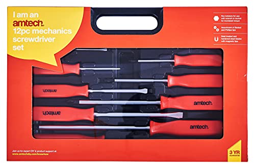 Amtech W5600 Mechanics Screwdriver Set Magnetic Tips, Steel Blade Flat Head Slotted and Phillips, Hex Bolsters use with Wrench or Socket