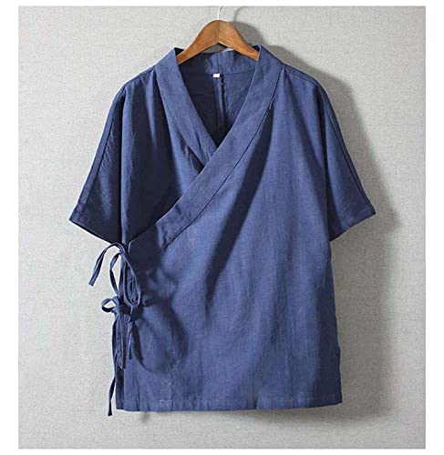 Koliyn Chinesischer Stil Klassischer Hanfu-Tanganzug, Sommerwäsche Atmungsaktivem Retro Baggy Bluse Halbschlärm T-Shirt Freizeitkostüme,Blau,XXL Cover