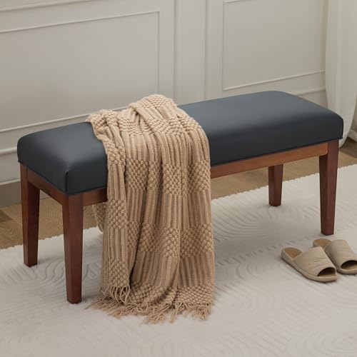 Image of WUTUTUEE 43.5'' Faux Leather Bedroom Bench, Upholstered End of Bed Bench, Padded Vintage Dining Bench, Entryway Bench with Solid Wood Legs, Kitchen, Living Room, Hallway, Black