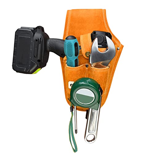HUIJIA Leathercraft Drill Holster - Heavy Duty Multifunction Portable Electrician Suede Leather Tool Belt Pouchwith Measuring Tape Holder and Open Hammer Loops for Carpenters and Builders Bag Garden Organizer Bag, Waist Strap Tool Belt for Men