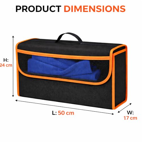 Image of JVCV Car Trunk Organizer Storage Bag with Mesh Pocket | Foldable Boot Storage Box | Durable Anti Slip Black Organizer | 29x50x17 cm | Multipurpose Car Storage (Large - Black Orange)