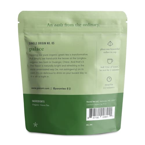 Paromi Organic Palace Green Tea, 15 Full-Leaf Pyramid Sachets in a Resealable Pouch — Single-Estate Green Tea, Mellow & Non-Astringent, Lightly Caffeinated, Non-GMO image 4