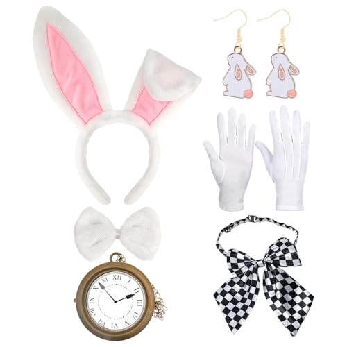 CGOHRJIG Juego de diademas con orejas de conejo, disfraz de conejo, cosplay de conejo, incluye accesorios para adultos, reloj, guantes, lazos, pendientes para Halloween, carnaval, fiesta