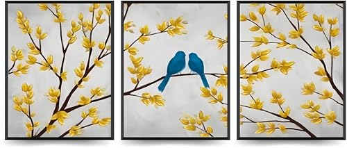 Linilioart Set di 3 stampe artistiche da parete su tela con uccellini su ramo d'albero, stampa moderna astratta per camera da letto, senza cornice (20 x 25 cm)