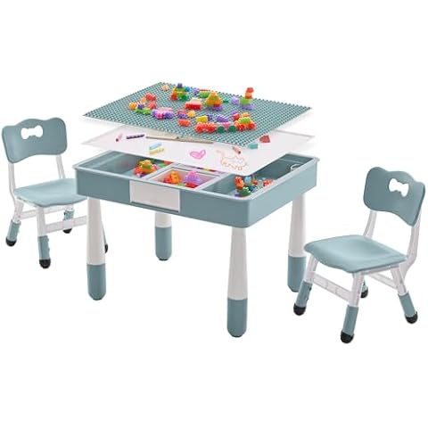 DOREROOM 4 in 1 Kids Table and 2 Chairs Set with Storage, Toddler Table and Chair Set for Kids Ages 3-10, Graffiti & Building Blocks Double-Sided Tabletop (Grayish Blue, 2 Chairs) Cover