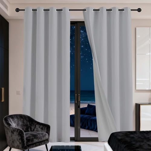 QINLIGAO Visillos Dormitorios Cortinas 154 x 310 cm Anti Luz Cortina Aislantes Frio y Calor 100% Tende Termiche con Anelli para Ventanas Habitación Dormitorio Sala de Estar, Gris Claro