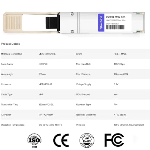 Image of 100G QSFP28 SR4 for Mellanox MMA1B00-C100D, 100GBASE-SR4 QSFP28 Optical Transceiver Module 850nm 100m MMF MTP /MPO D0M