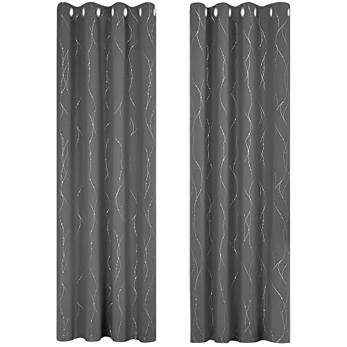 Deconovo Lot de 2 Rideau Thermique Isolant Anti Froid Oeillets Occultant Design Moderne Rideau Fenêtre Chambre Cuisine Salon Motif Argenté 140x290 cm Gris Clair