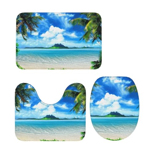 トイレマット ハワイ マウイ島 ヤシの木 海 3点セット 足元マット 便座カバー マットフタカバー U型 O型 トイレ兼用 滑り止め おしゃれ バスマット 洗える 浴室 玄関 家庭用 ホテル用