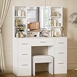 Ereousa Toeletta Trucco con Specchio e Sgabello, Postazione Make-up Bianca con 7 Cassetti e 6 Ripiani, Luci LED Dimmerabili e Guida Video, 40×100×140 cm H52922