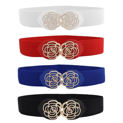 Women's Wide Belt, Women's Elastic Stretch Wide Rose Double-Flower Waist Belts for Dress, Adorable Dress Accessory, Flo4