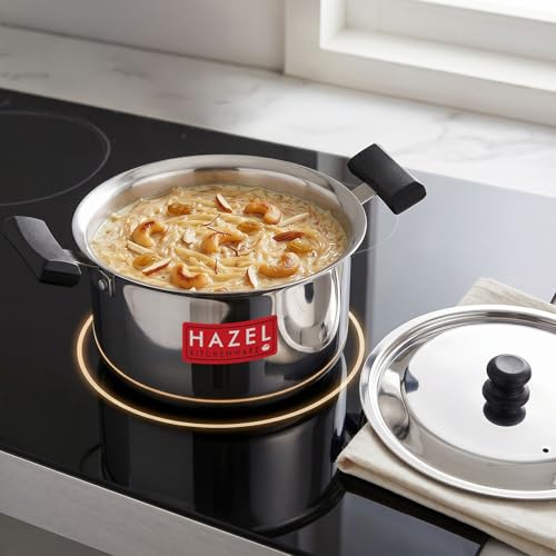 Image of HAZEL Stainless Steel Tope with Lid 2.5 Litre | Flat Bottom Patila with Cool Touch Handles | Milk Tope for Induction Cooktop & Gas | Steel Bhagona with Lid, 17.5 cm