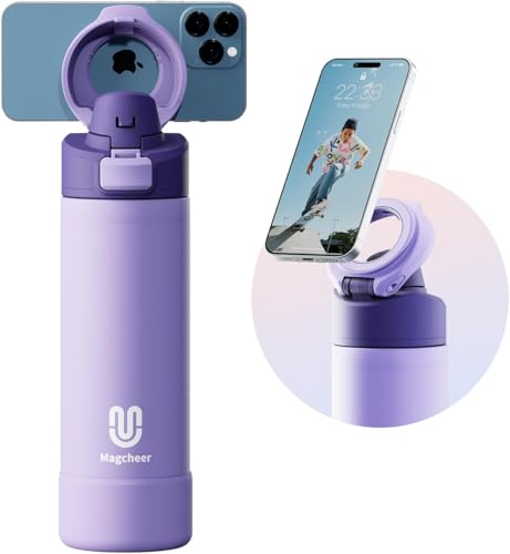 Magcheer Insulated Magnetic Water Bottle - Reusable Stainless Steel Bottle with MagSafe Compatible Phone Holder - Keeps Cold for 24 Hours - Perfect for Gym, Sports, and Travel - Lavender 24oz
