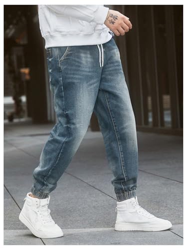 OYOANGLE Men's Jeans Jogger Pants Elastic Drawstring Waist Tapered Denim Trousers with Pocket3