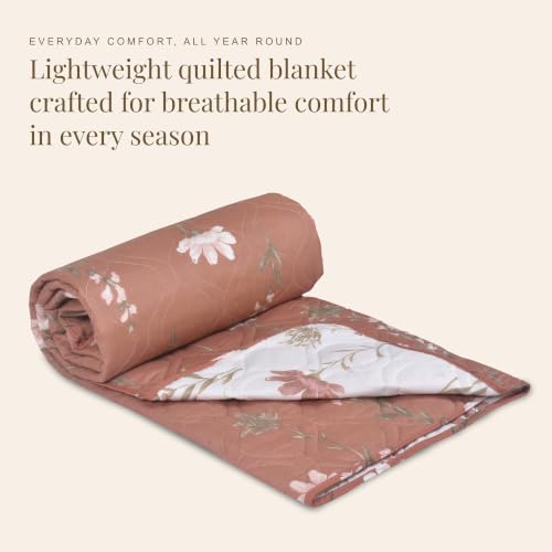 Image of HUESLAND Reversible AC Quilt Blanket Single Bed | 100% Cotton Quilted Shell, Super Soft 120 GSM Microfibre Wadding | Lightweight Comforter for All Weather Use | Floral Fusion - 55 x 88 inches