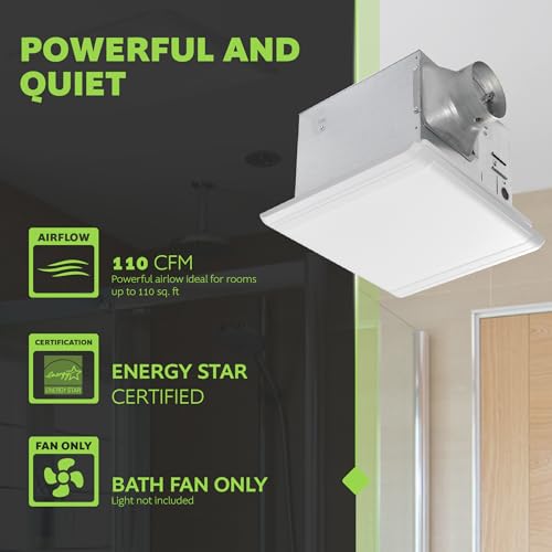 Image of Homewerks 7107-03HW Bathroom Fan Ceiling Mount Exhaust Ventilation 1.0 Sones, 110 CFM, Energy Star, White