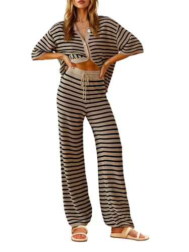 Tankaneo Womens Knit 2 Piece Lounge Sets Striped Short Sleeve Tops and Wide Leg Pants Travel Airport Vacation Outfits